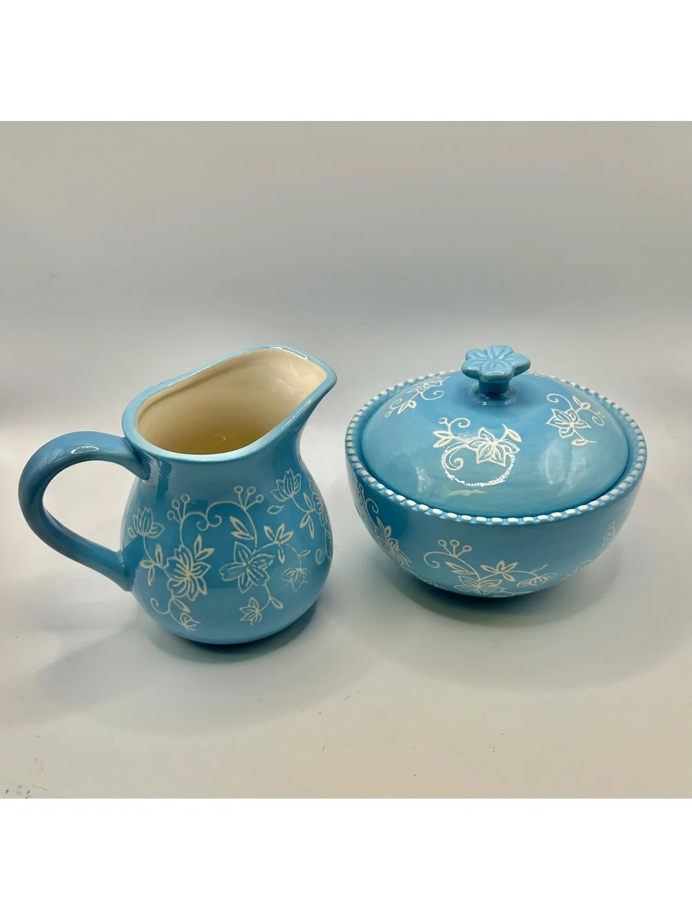 Cottagecore light blue ceramic Sugar Creamer Ivory Floral Design 4” tall